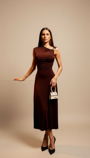 Glozmen Asimetrik Omuz Detaylı Midi Elbise