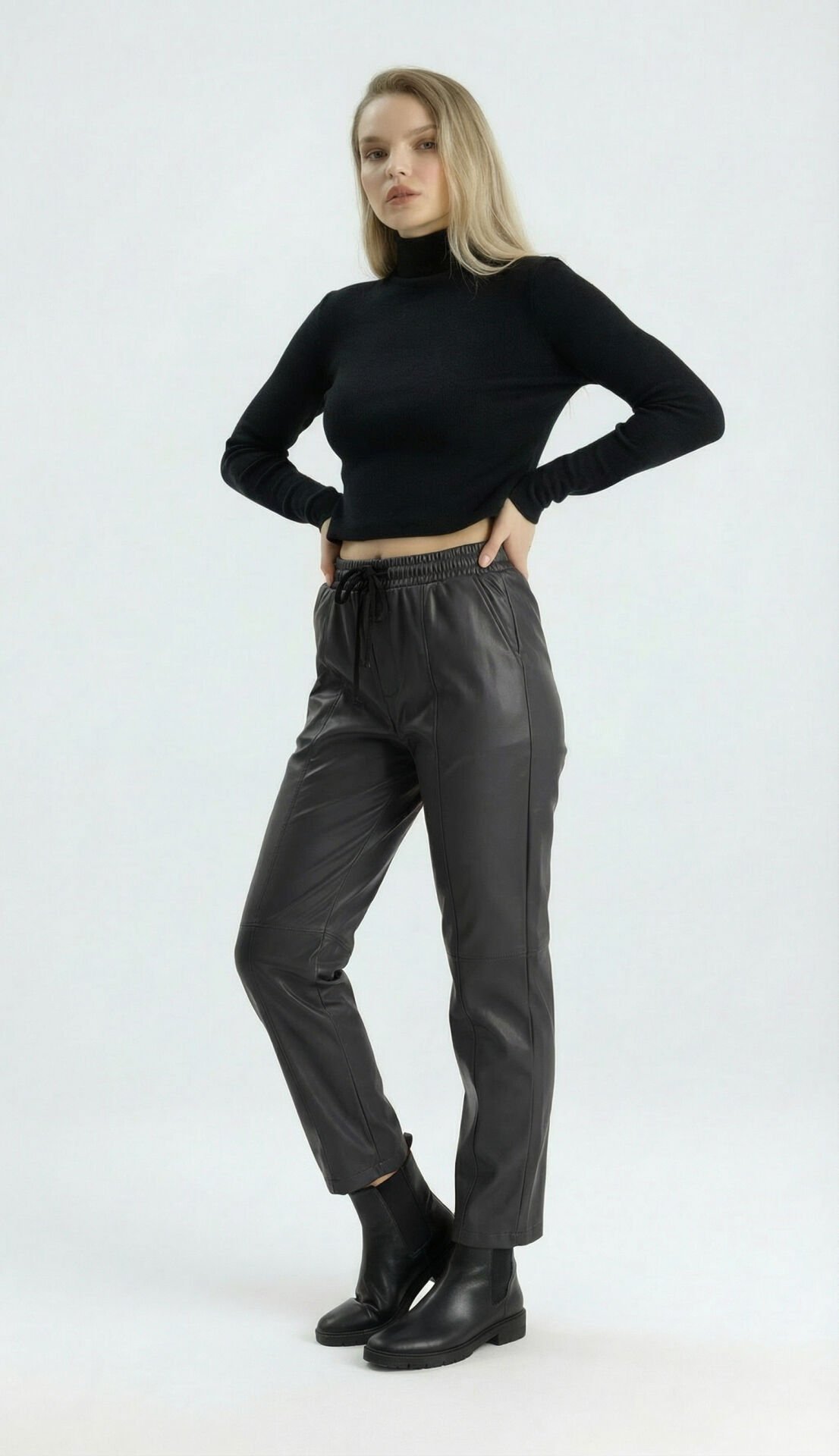 Glozmen İnce Şardonlu Deri Pantolon S - Siyah