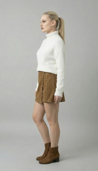 Glozmen  Kadın Kombin Beyaz Yumoş Kazak & Süet Mini Etek