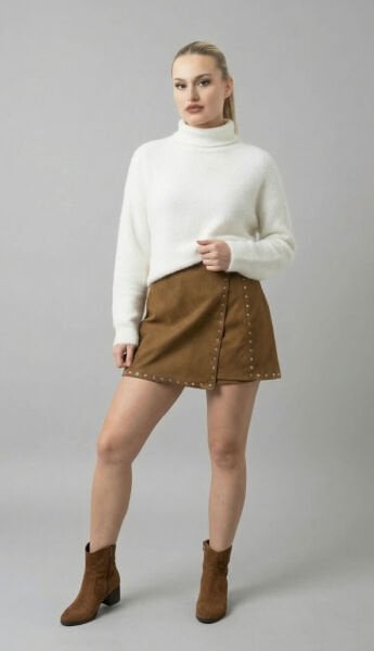 Glozmen  Kadın Kombin Beyaz Yumoş Kazak & Süet Mini Etek