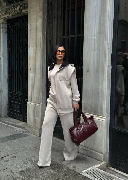 Kadın 3’lü Takım Kapüşonlu Fermuarlı Yelekli  Oversize Sweat , Bol Paça Pantolon