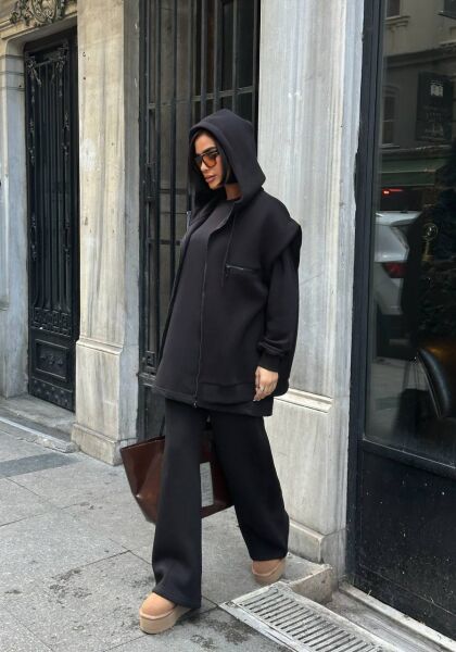 Kadın 3’lü Takım Kapüşonlu Fermuarlı Yelekli  Oversize Sweat , Bol Paça Pantolon Siyah - M