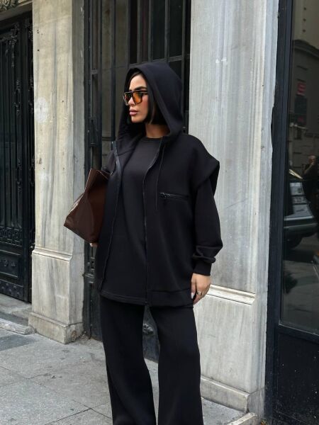 Kadın 3’lü Takım Kapüşonlu Fermuarlı Yelekli  Oversize Sweat , Bol Paça Pantolon Siyah - M