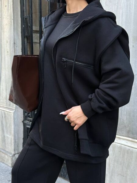 Kadın 3’lü Takım Kapüşonlu Fermuarlı Yelekli  Oversize Sweat , Bol Paça Pantolon Siyah - M