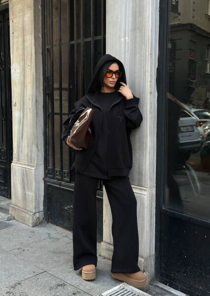 Kadın 3’lü Takım Kapüşonlu Fermuarlı Yelekli  Oversize Sweat , Bol Paça Pantolon Siyah - M