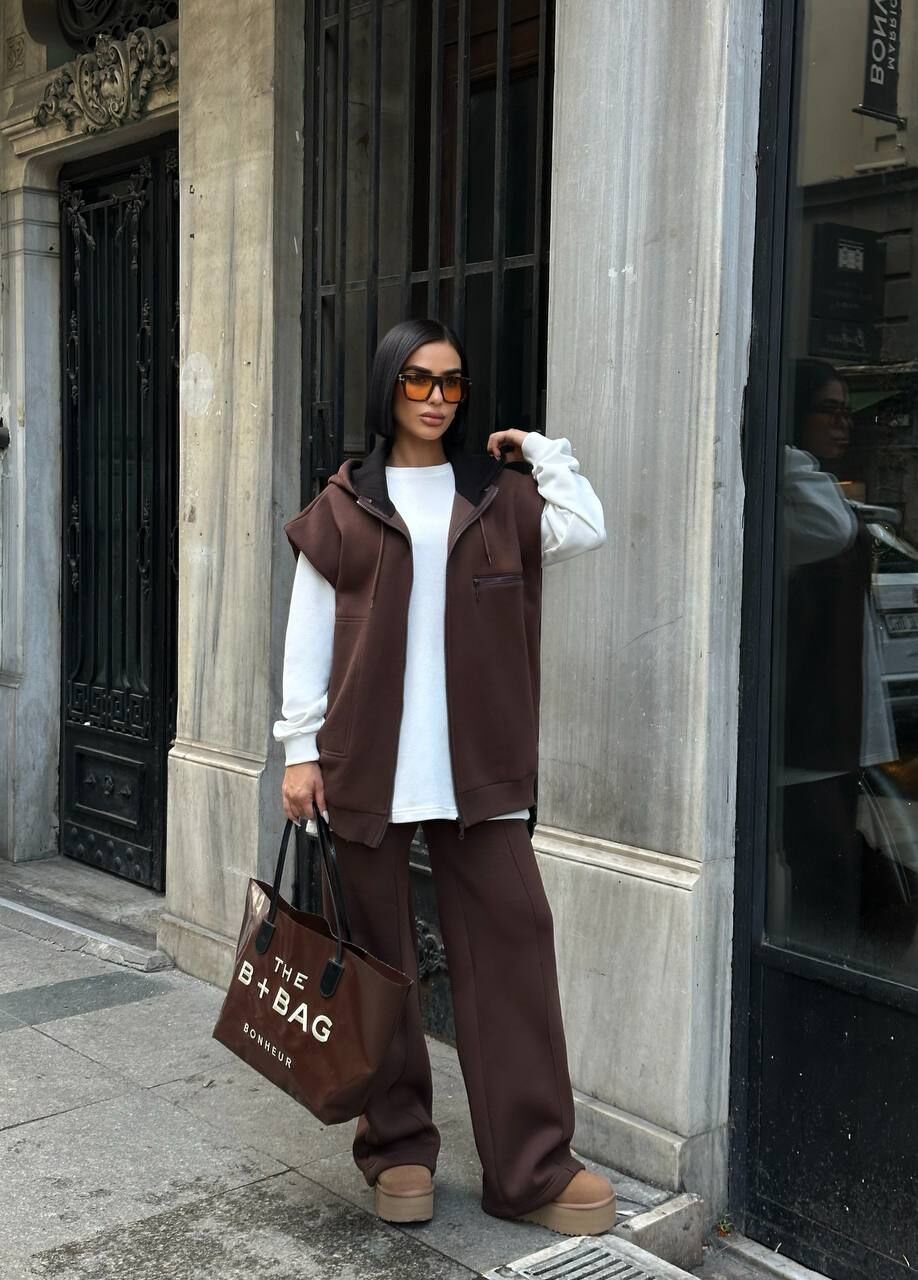Kadın 3’lü Takım Kapüşonlu Fermuarlı Yelekli  Oversize Sweat , Bol Paça Pantolon Taba - M