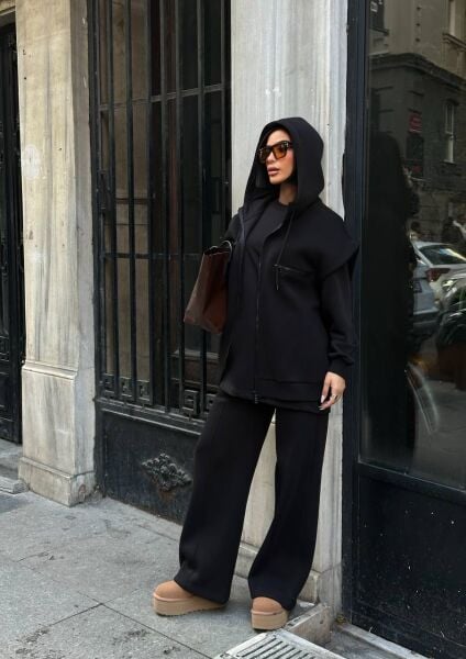 Kadın 3’lü Takım Kapüşonlu Fermuarlı Yelekli  Oversize Sweat , Bol Paça Pantolon Siyah - L