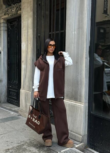 Kadın 3’lü Takım Kapüşonlu Fermuarlı Yelekli  Oversize Sweat , Bol Paça Pantolon Taba - L