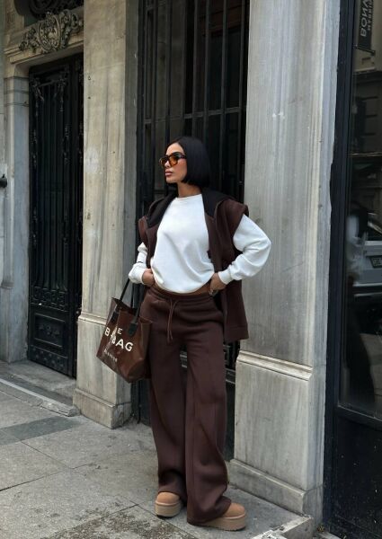 Kadın 3’lü Takım Kapüşonlu Fermuarlı Yelekli  Oversize Sweat , Bol Paça Pantolon Taba - L