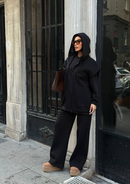 Kadın 3’lü Takım Kapüşonlu Fermuarlı Yelekli  Oversize Sweat , Bol Paça Pantolon Siyah - XL