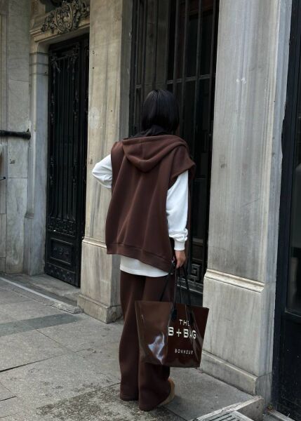 Kadın 3’lü Takım Kapüşonlu Fermuarlı Yelekli  Oversize Sweat , Bol Paça Pantolon Taba - XL