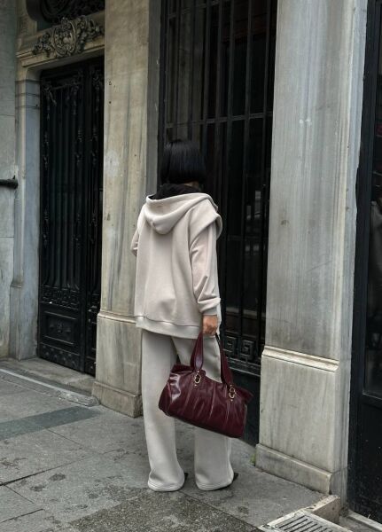 Kadın 3’lü Takım Kapüşonlu Fermuarlı Yelekli  Oversize Sweat , Bol Paça Pantolon Kum Beji - L