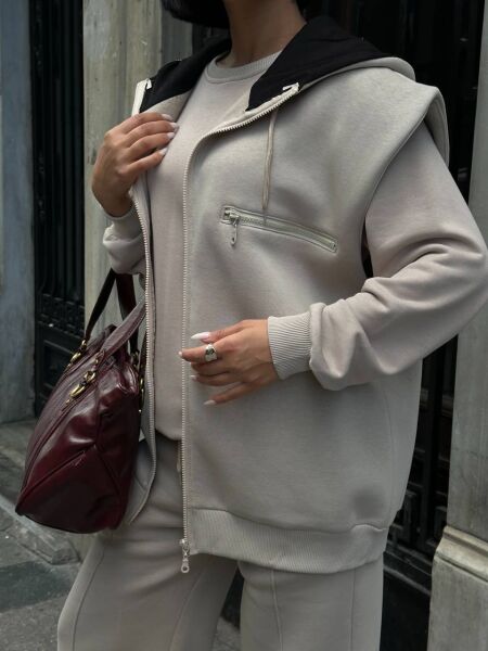 Kadın 3’lü Takım Kapüşonlu Fermuarlı Yelekli  Oversize Sweat , Bol Paça Pantolon Kum Beji - L