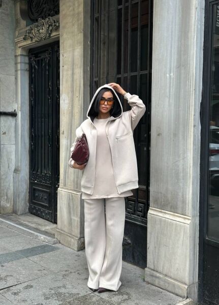 Kadın 3’lü Takım Kapüşonlu Fermuarlı Yelekli  Oversize Sweat , Bol Paça Pantolon Kum Beji - XL
