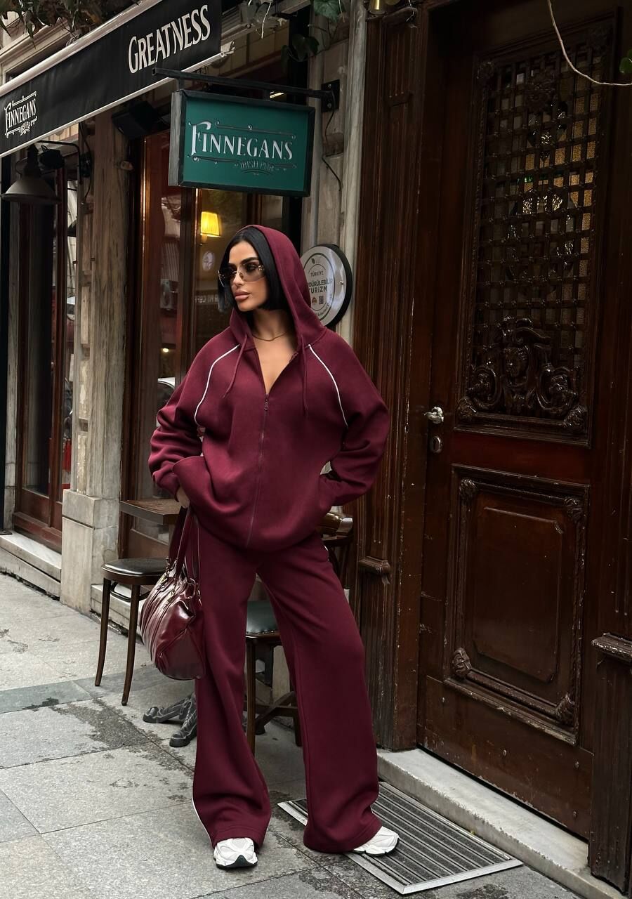 Kadın Kapüşonlu Fermuarlı Oversize 3 İplik İkili Takım – Bol Paça Eşofman Takımı