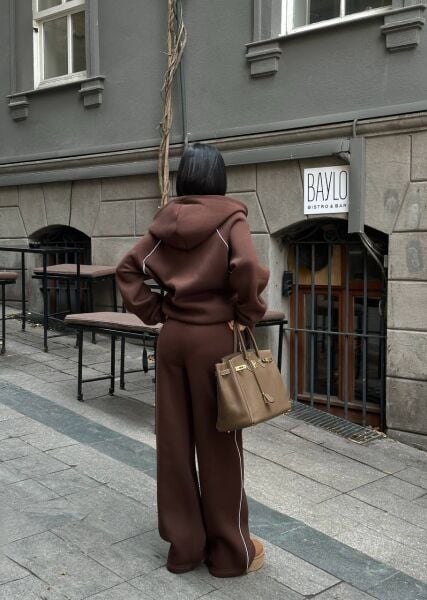 Kadın Kapüşonlu Fermuarlı Oversize 3 İplik İkili Takım – Bol Paça Eşofman Takımı Taba - S