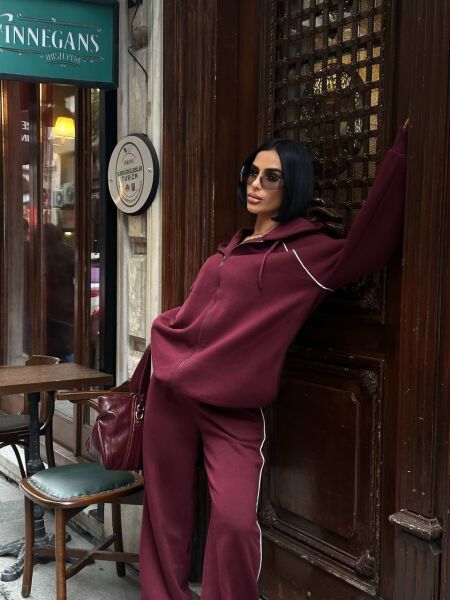Kadın Kapüşonlu Fermuarlı Oversize 3 İplik İkili Takım – Bol Paça Eşofman Takımı Mürdüm - S
