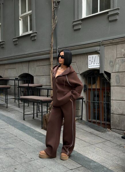 Kadın Kapüşonlu Fermuarlı Oversize 3 İplik İkili Takım – Bol Paça Eşofman Takımı Taba - L