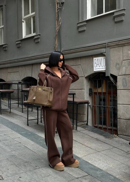 Kadın Kapüşonlu Fermuarlı Oversize 3 İplik İkili Takım – Bol Paça Eşofman Takımı Taba - L