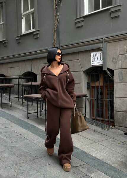 Kadın Kapüşonlu Fermuarlı Oversize 3 İplik İkili Takım – Bol Paça Eşofman Takımı Taba - L