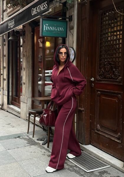 Kadın Kapüşonlu Fermuarlı Oversize 3 İplik İkili Takım – Bol Paça Eşofman Takımı Mürdüm - L
