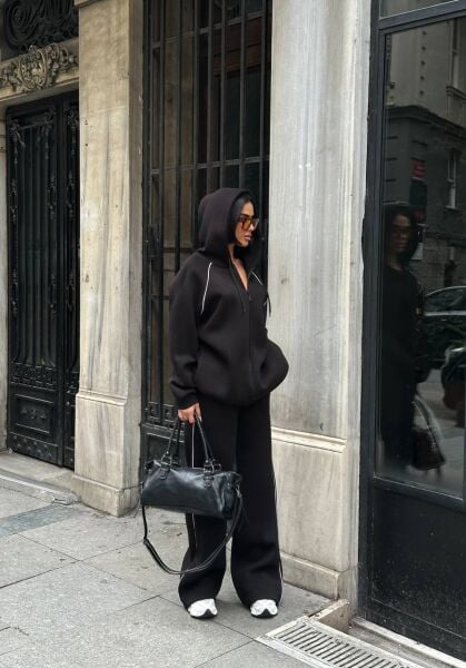 Kadın Kapüşonlu Fermuarlı Oversize 3 İplik İkili Takım – Bol Paça Eşofman Takımı Siyah - XL