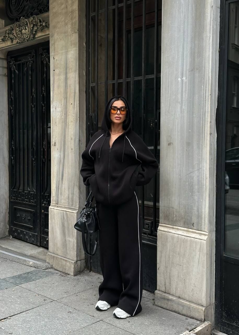 Kadın Kapüşonlu Fermuarlı Oversize 3 İplik İkili Takım – Bol Paça Eşofman Takımı Siyah - XL