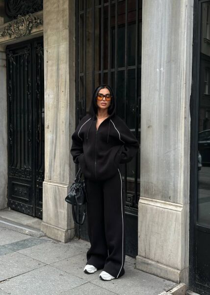 Kadın Kapüşonlu Fermuarlı Oversize 3 İplik İkili Takım – Bol Paça Eşofman Takımı Siyah - XL