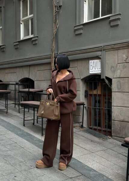 Kadın Kapüşonlu Fermuarlı Oversize 3 İplik İkili Takım – Bol Paça Eşofman Takımı Taba - XL