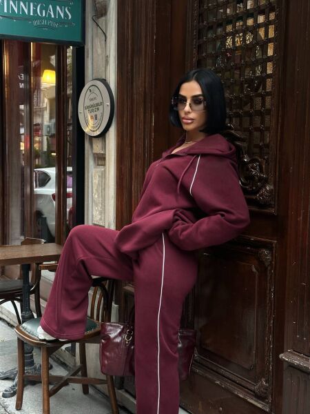 Kadın Kapüşonlu Fermuarlı Oversize 3 İplik İkili Takım – Bol Paça Eşofman Takımı Mürdüm - XL