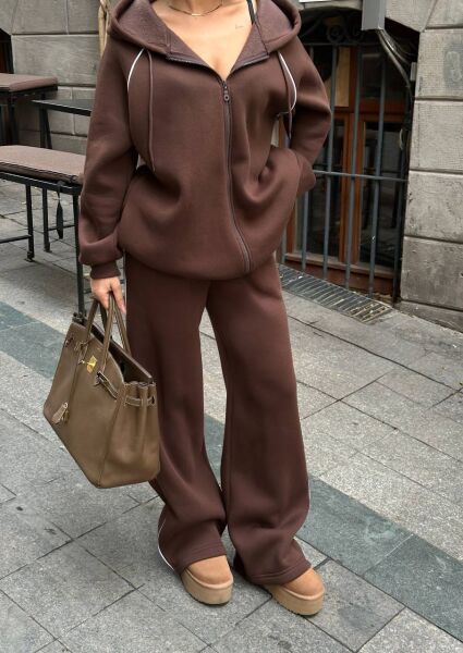 Kadın Kapüşonlu Fermuarlı Oversize 3 İplik İkili Takım – Bol Paça Eşofman Takımı Taba - M