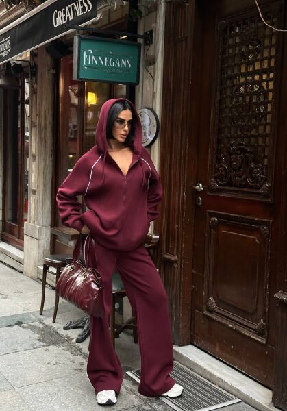 Kadın Kapüşonlu Fermuarlı Oversize 3 İplik İkili Takım – Bol Paça Eşofman Takımı Mürdüm - M