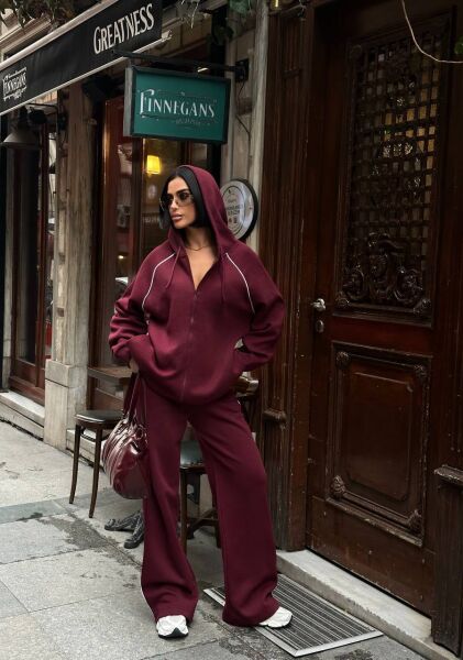 Kadın Kapüşonlu Fermuarlı Oversize 3 İplik İkili Takım – Bol Paça Eşofman Takımı Mürdüm - M