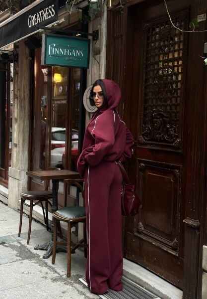 Kadın Kapüşonlu Fermuarlı Oversize 3 İplik İkili Takım – Bol Paça Eşofman Takımı Mürdüm - M