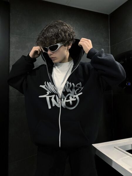 Baskılı 3 iplik kalın Minus Hırka Two Detail Fermuarlı Unisex Oversize Ful Zip Hırka