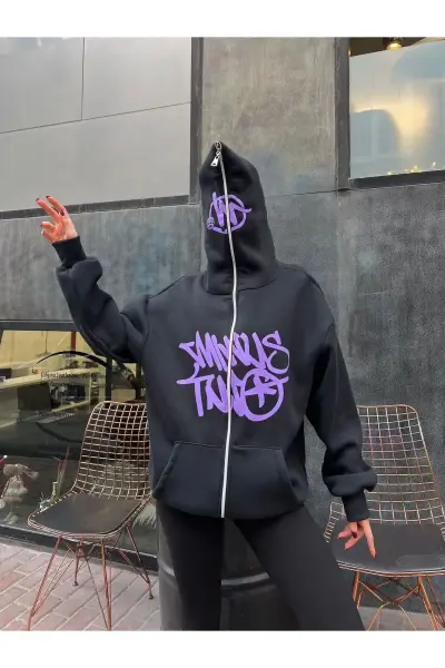 Baskılı 3 iplik kalın Minus Hırka Two Detail Fermuarlı Unisex Oversize Ful Zip Hırka