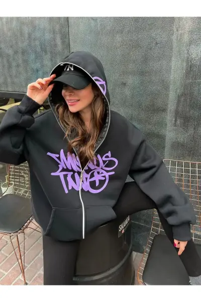 Baskılı 3 iplik kalın Minus Hırka Two Detail Fermuarlı Unisex Oversize Ful Zip Hırka