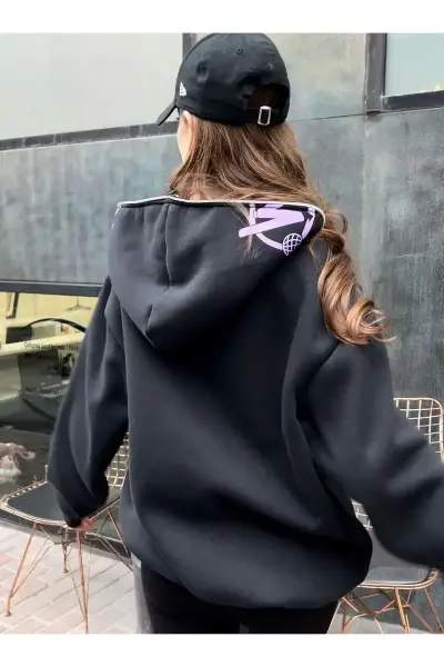 Baskılı 3 iplik kalın Minus Hırka Two Detail Fermuarlı Unisex Oversize Ful Zip Hırka