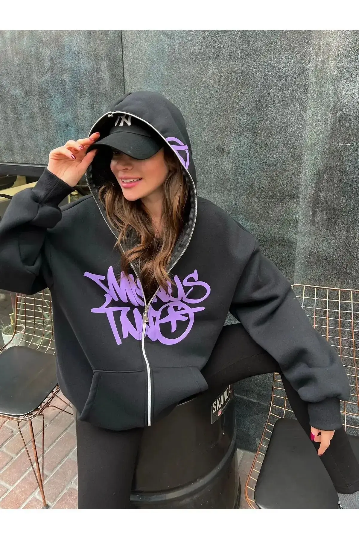 Baskılı 3 iplik kalın Minus Hırka Two Detail Fermuarlı Unisex Oversize Ful Zip Hırka Mor - S