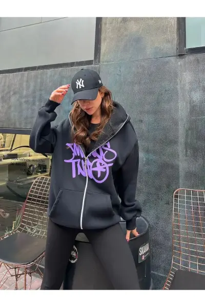Baskılı 3 iplik kalın Minus Hırka Two Detail Fermuarlı Unisex Oversize Ful Zip Hırka Mor - M