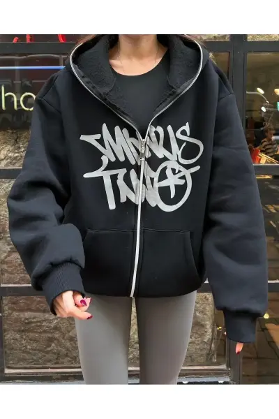 Baskılı 3 iplik kalın Minus Hırka Two Detail Fermuarlı Unisex Oversize Ful Zip Hırka Gri - L