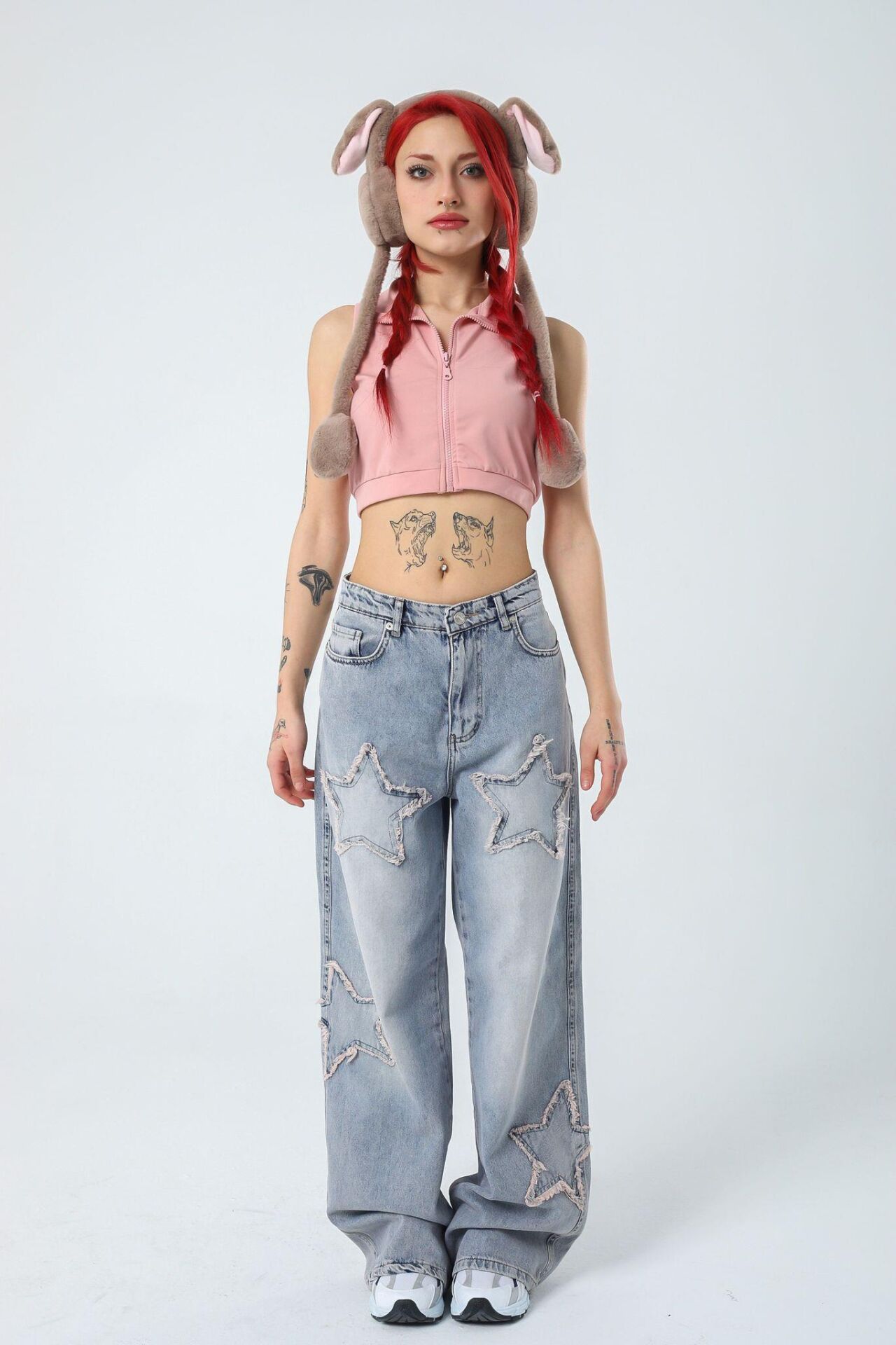 Retro Yıldız Patch Kadın Baggy Açık Mavi  Bol Paça Kot Pantolon