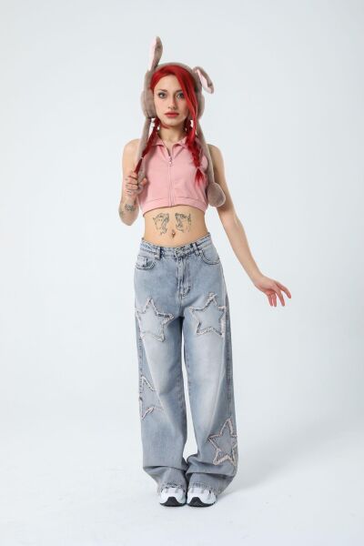 Retro Yıldız Patch Kadın Baggy Açık Mavi  Bol Paça Kot Pantolon