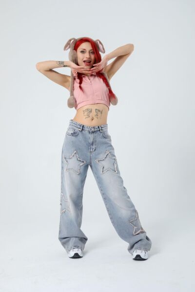 Retro Yıldız Patch Kadın Baggy Açık Mavi  Bol Paça Kot Pantolon