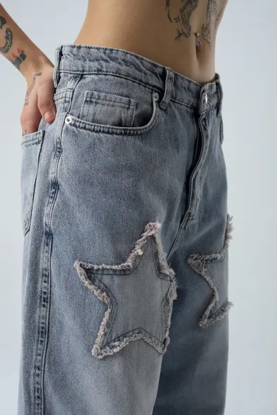 Retro Yıldız Patch Kadın Baggy Açık Mavi  Bol Paça Kot Pantolon