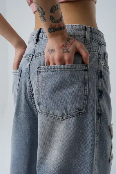 Retro Yıldız Patch Kadın Baggy Açık Mavi  Bol Paça Kot Pantolon